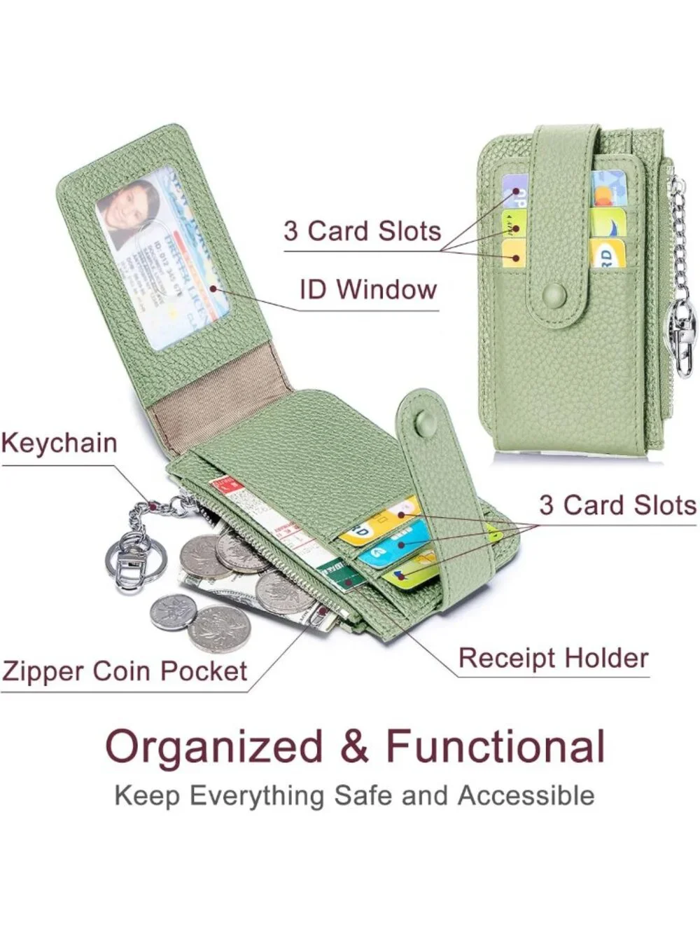 Compact Mini Leather Wallet for Women - 6 Card Slots, ID Window & Zipper Pocket